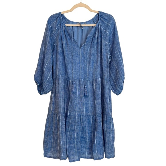 Tommy Bahama Coastal Linen Stripe Tiered Midi Dress Blue Medium Beach Vacation - Picture 1 of 4